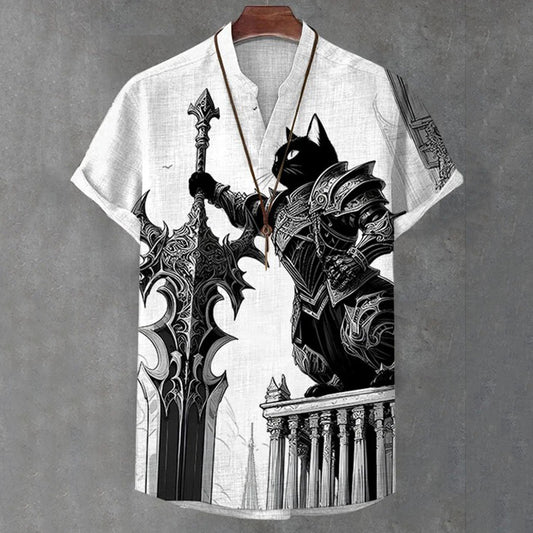 Men's Retro Cat Warrior Art Print Half Button Shirt elevenforest