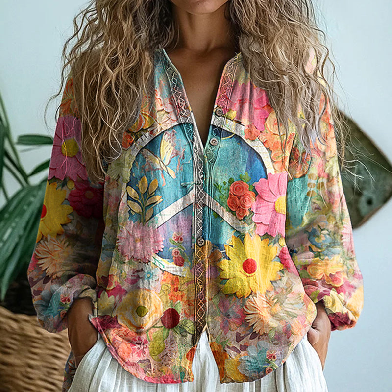 Vintage Hippie Vibe Peace And Love Hippie Floral Painting Art Linen Print  Long Sleeve Shirt elevenforest