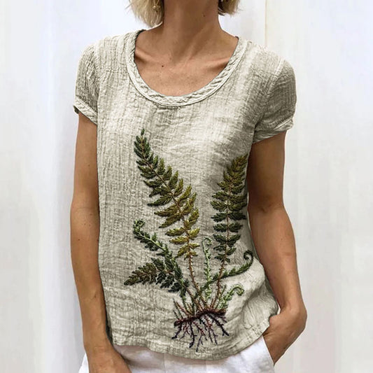 Comstylish Vintage Forest Fern Embroidered Linen Shirt