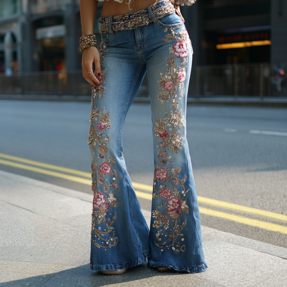 Bohemian Style Women's Plant Flower Embroidery Loose Fit Wide Leg Straight Leg Denim Long Pants elevenforest