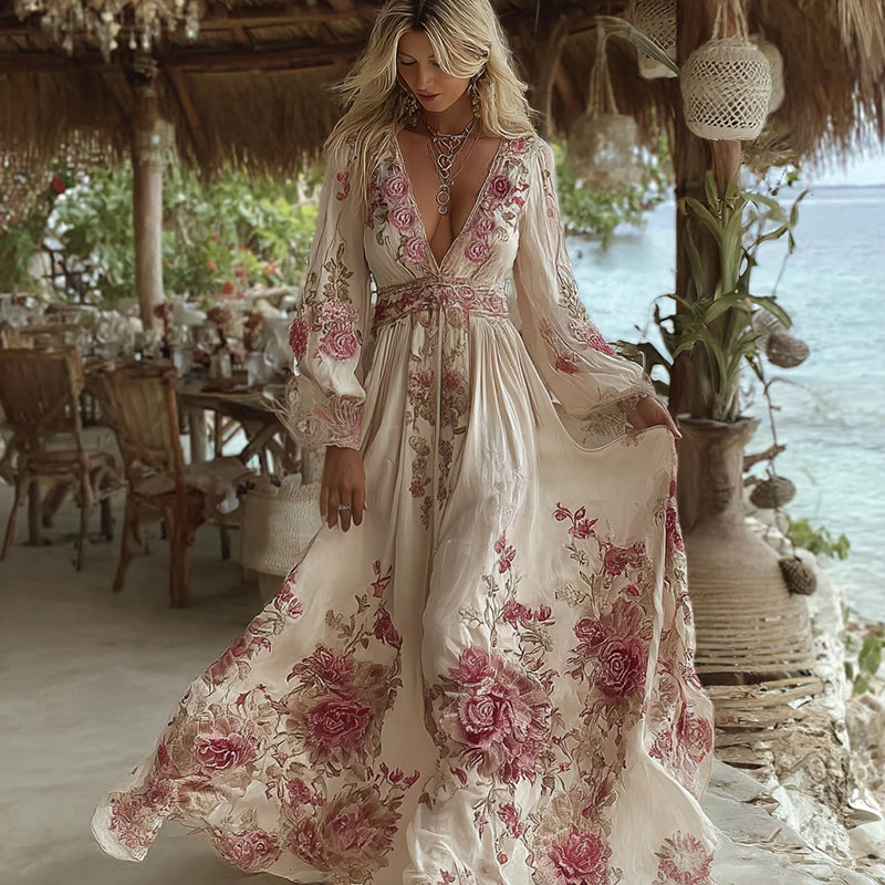 Women's Boho Style Rose Art Long-sleeved V-neck Dress elevenforest