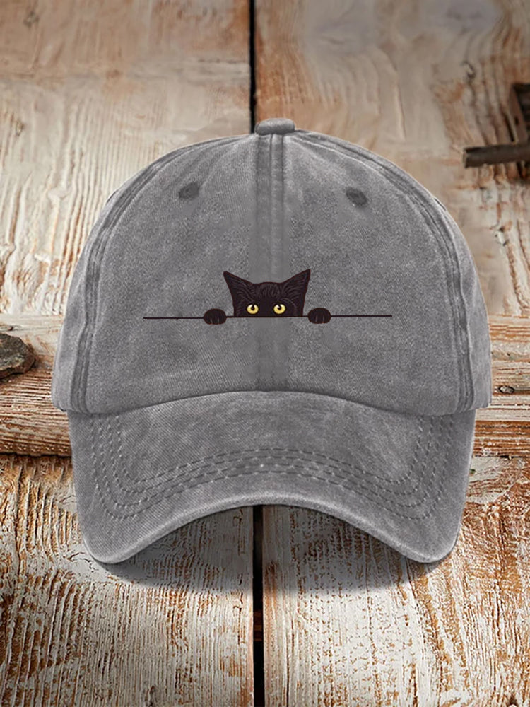 Japanese Art Black Cat Print Washed Hat elevenforest