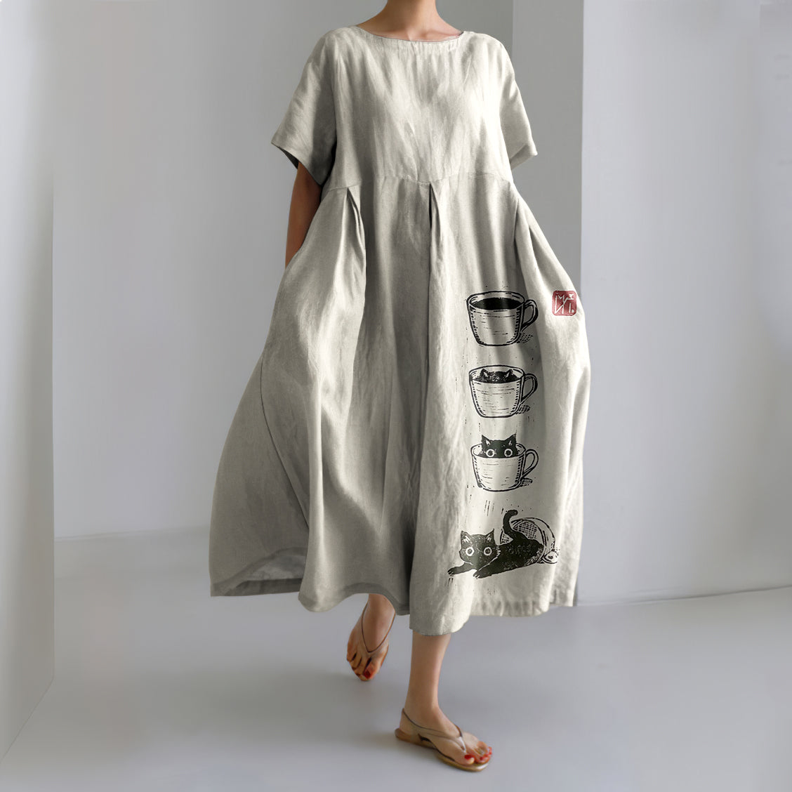 Women's Cat Coffee Cup Japanese Art Painting Print Midi Dress elevenforest