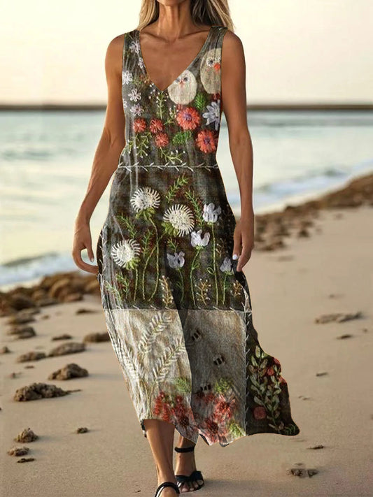 Women's Bohemian Floral Art Print Pocket Cotton Dress