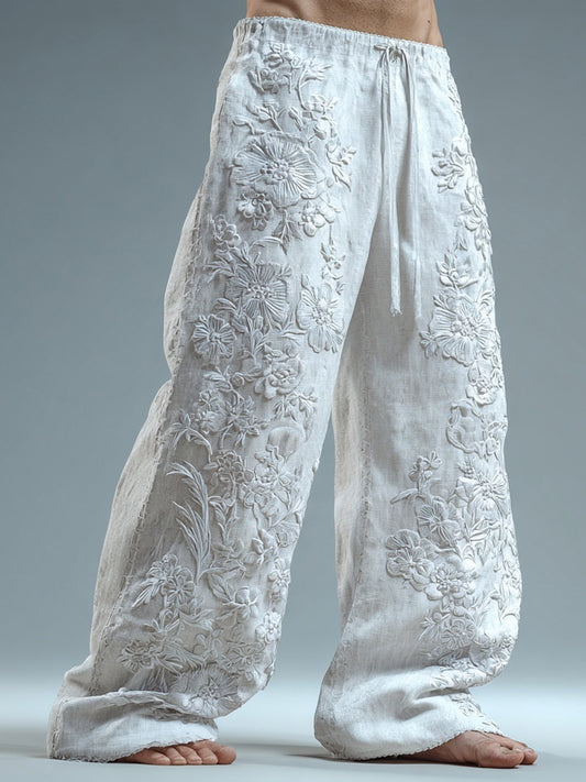 Men's Floral Lace Embroidered Comfy Linen Pants elevenforest