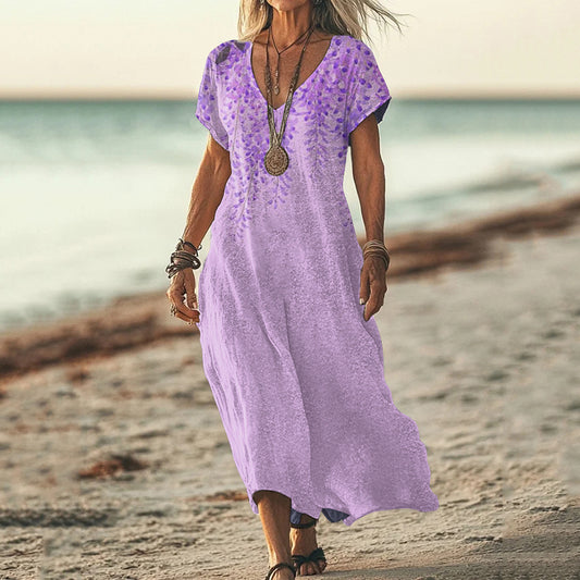 Vintage Violet Floral Art Pattern Casual Maxi Dress elevenforest