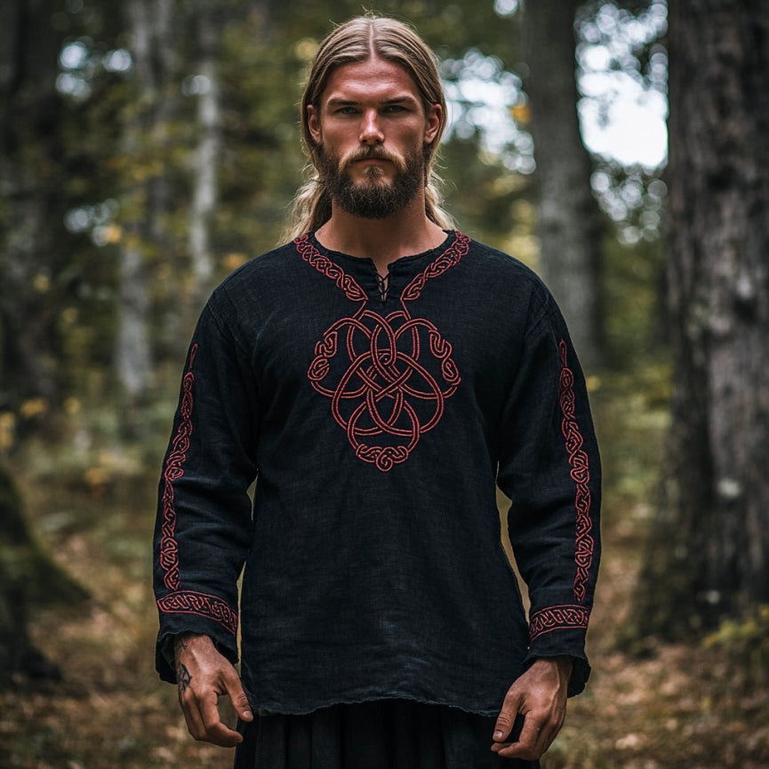 Men's Vintage Viking Celtic Knot Totem Linen V-neck Shirt elevenforest
