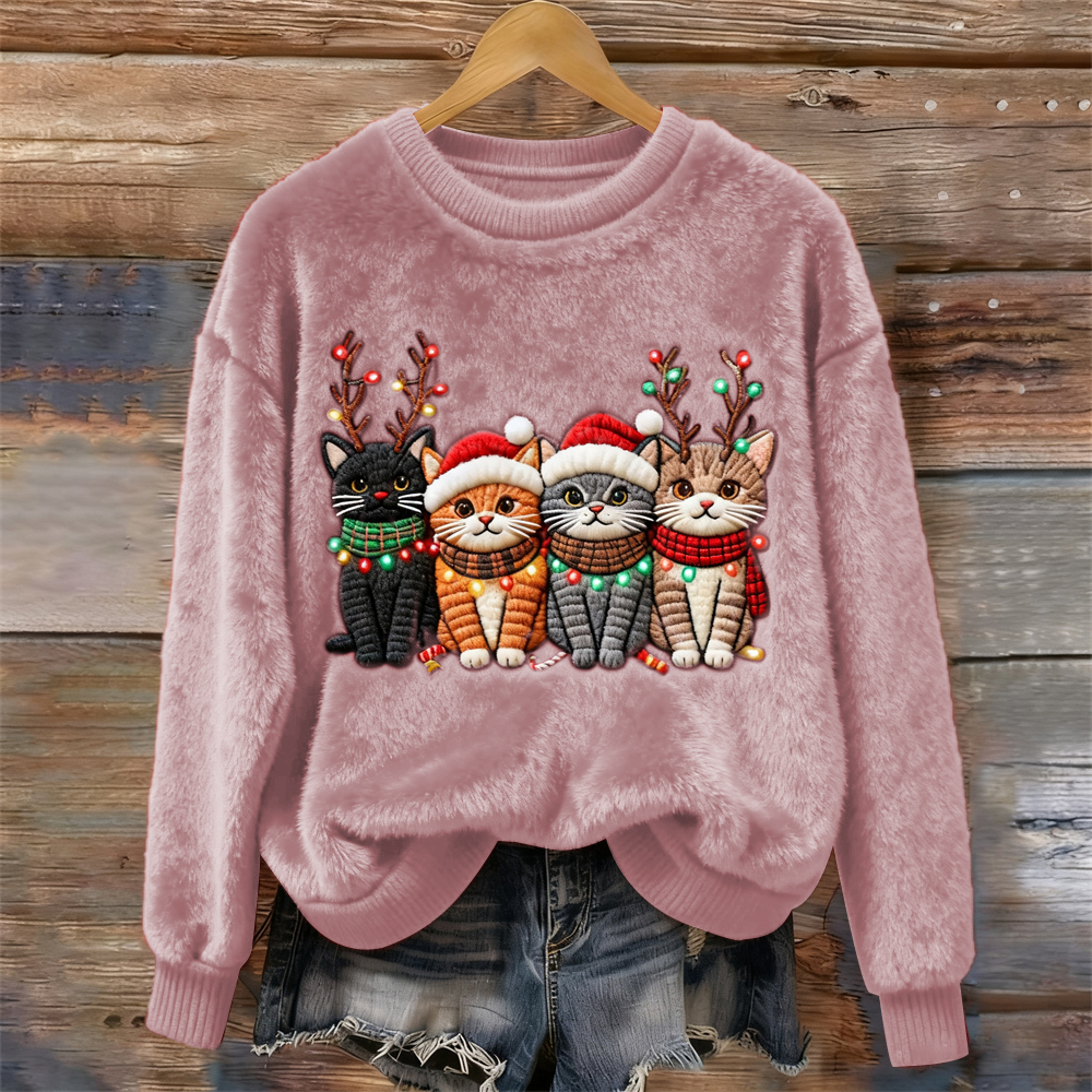 Christmas Lights Cat Women's Cozy Plush Sweater elevenforest
