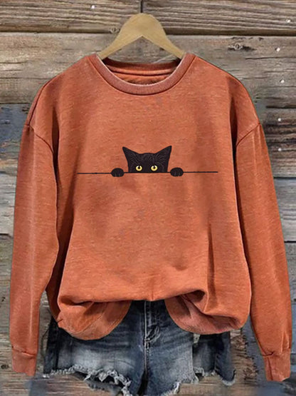 Women's Casual Funny Black Cat Print Sweatshirt elevenforest
