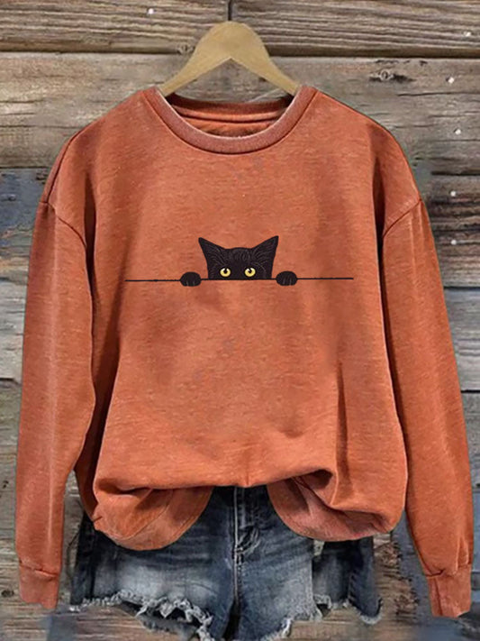 Women's Casual Funny Black Cat Print Sweatshirt elevenforest