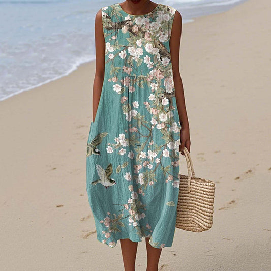 Women's Vintage Floral Birds Art Print Sleeveless Dress elevenforest