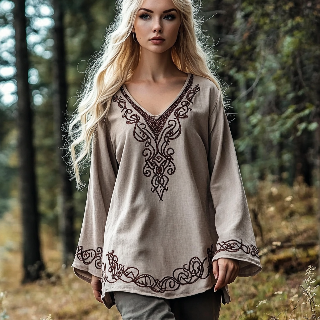 Vintage Viking Celtic Linen V-neck Shirt elevenforest