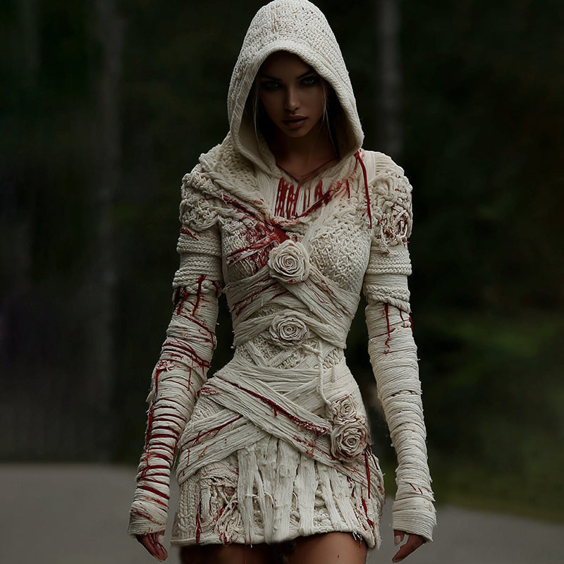 Women's Halloween Muscle Anatomy Bandage With Rose Art Cozy Knit Hooded Sweater Dress elevenforest
