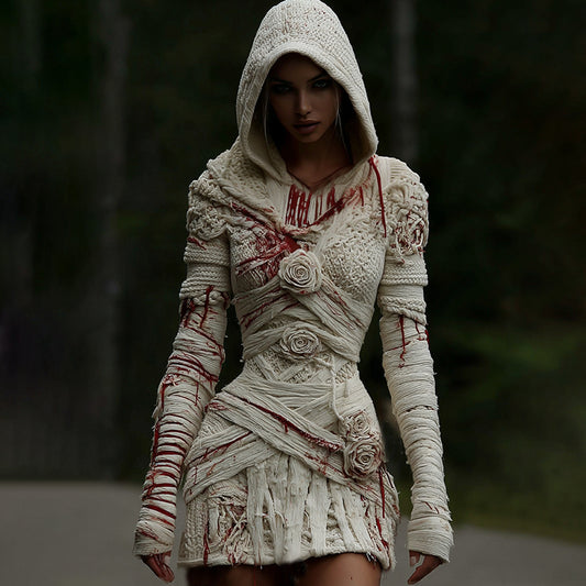 Women's Halloween Muscle Anatomy Bandage With Rose Art Cozy Knit Hooded Sweater Dress elevenforest