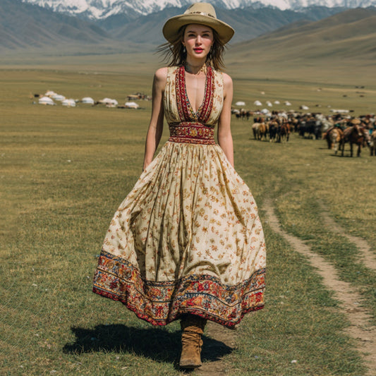 Women's Vintage Western Floral Ethnic Print V-neck Sleeveless Maxi Dress elevenforest