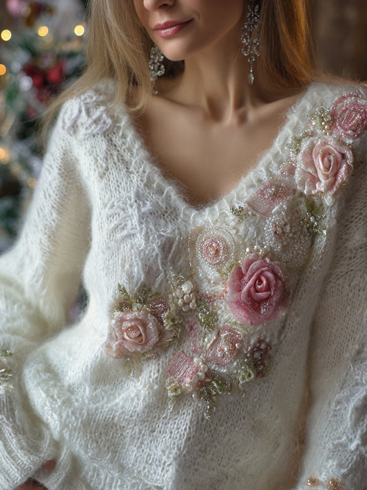 Elegant Pink Roses Beads Embroidered Cozy Knit Sweater elevenforest