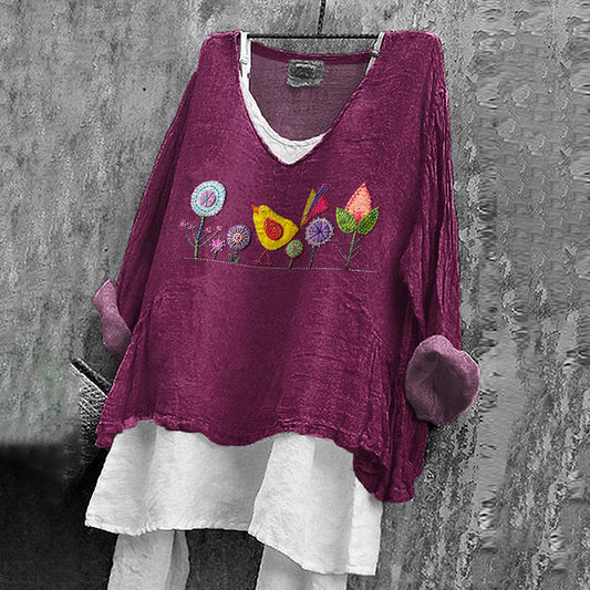 Comstylish Women's Ethnic Floral And Bird Art Linen Long-sleeved Shirt