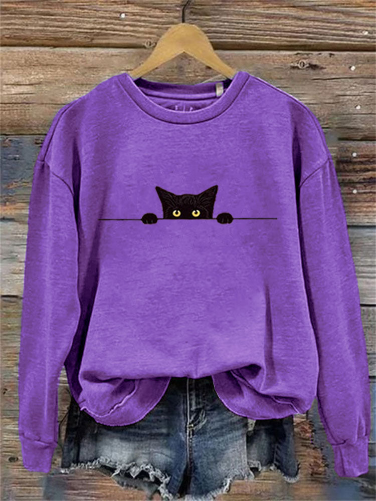 Women's Casual Funny Black Cat Print Sweatshirt elevenforest