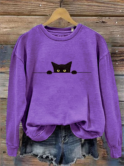 Women's Casual Funny Black Cat Print Sweatshirt elevenforest