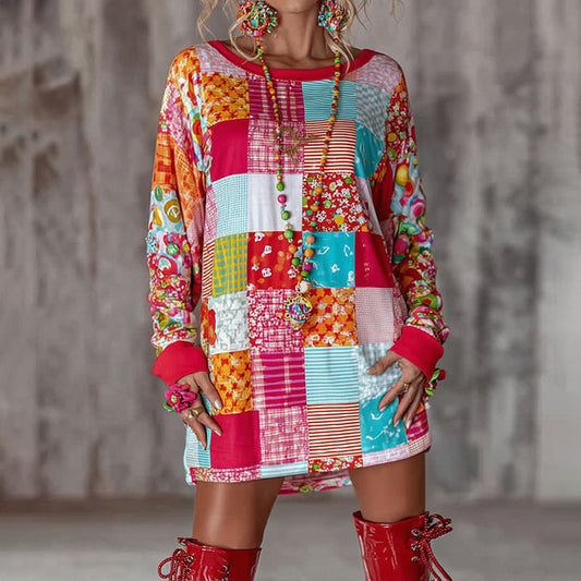 Comstylish Women's Abstract Color Block Plaid Print Mini Dress