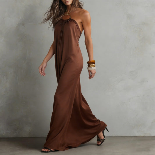 Comstylish Vintage Elegant Hanging Neck Cami Maxi Dress