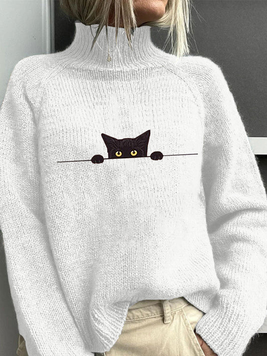 Women's Casual Funny Black Cat Print Sweater elevenforest