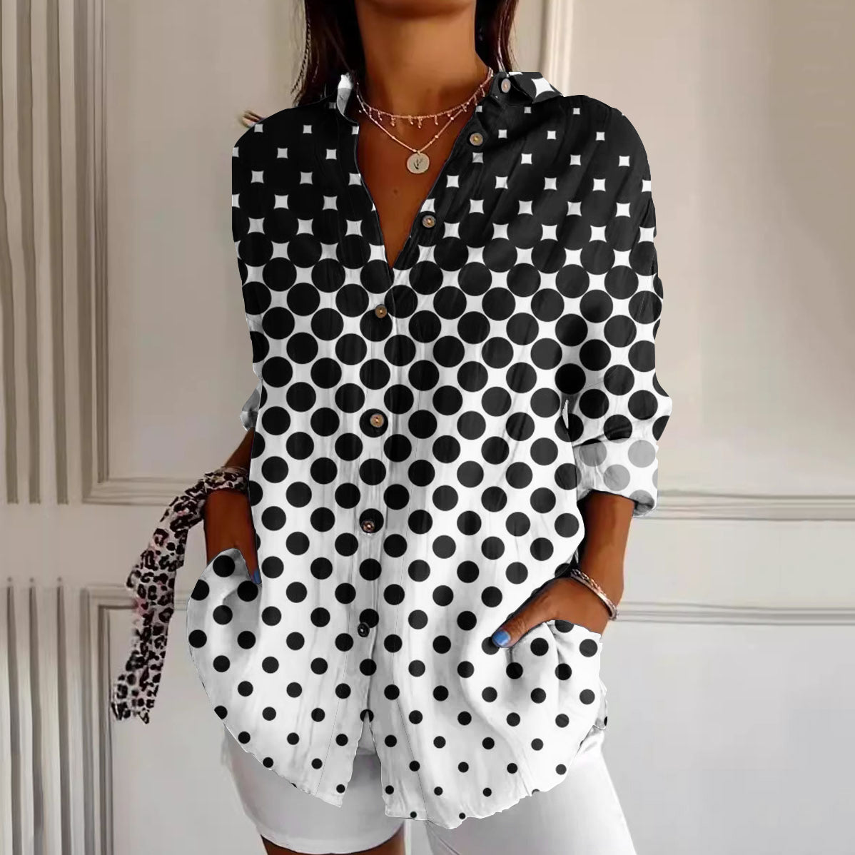 Women's Black And White Polka Dot Art Button Shirt elevenforest