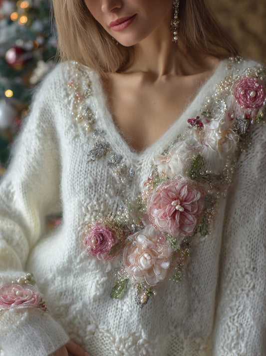 Elegant Pink Roses Embroidered V Neck Cozy Knit Sweater elevenforest