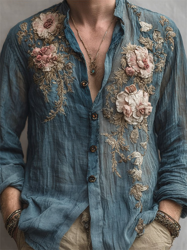 Men's Vintage Floral Fiber Art Embroidered Linen Shirt elevenforest