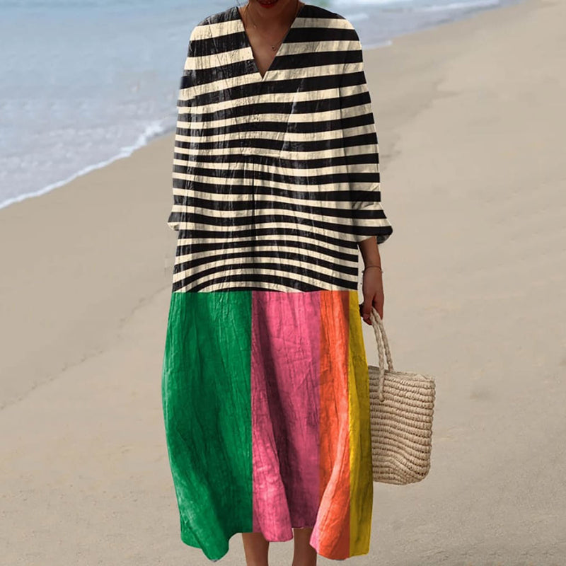 Comstylish Women's Vintage Geometric Line Art Print Cotton Dress