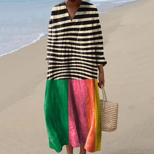 Comstylish Women's Vintage Geometric Line Art Print Cotton Dress