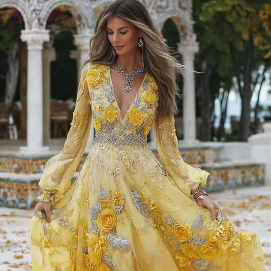 Women's Vintage Three-dimensional Yellow Rose V-neck Long-sleeved Dress elevenforest