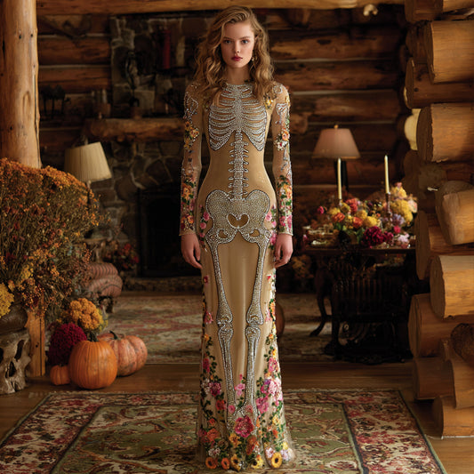 Vintage Mexican Day Of The Dead Skeleton Bones Embroidery Flowers Cozy Velvet Maxi Dress elevenforest
