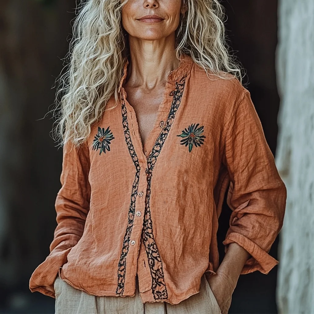 Bohemian Linen Floral Art Print Long Sleeve Loose  Shirt elevenforest