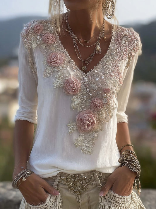 Boho Pink Floral Lace V Neck Comfy Linen Tunic elevenforest