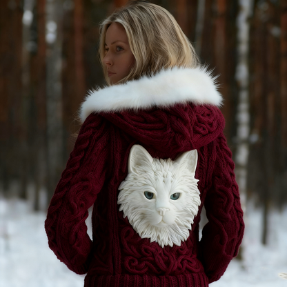 Comstylish Viking Retro Cat Design Women's Hooded Knit Sweater Jacket