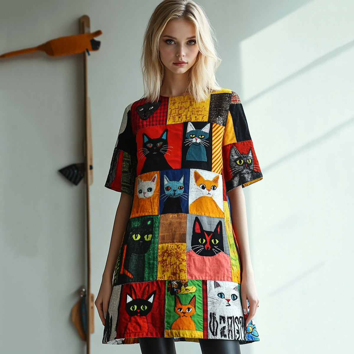 Pop Art Cat Patchwork Pattern Design Dress elevenforest