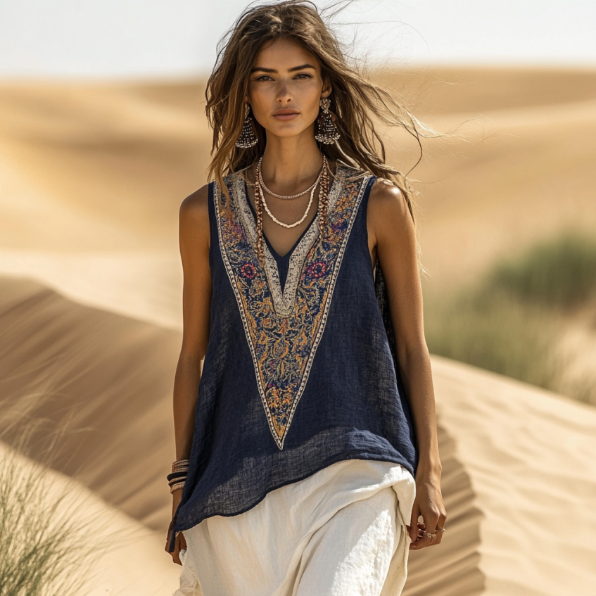 Comstylish Women's Loose Bohemia Ethnic Style Linen Suspender Sleeveless Top