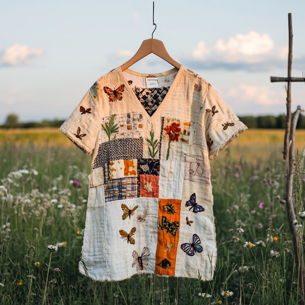 Women's Vintage Butterfly Bee Floral Print V-neck T-shirt elevenforest