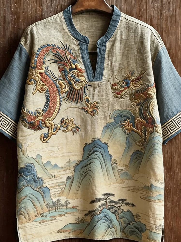 Vintage Dragon & Landscape Painting Art Linen Tunic elevenforest