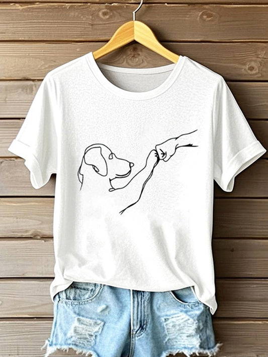 Comstylish Fist Bump Line Art Puppy Crew Neck T-shirt