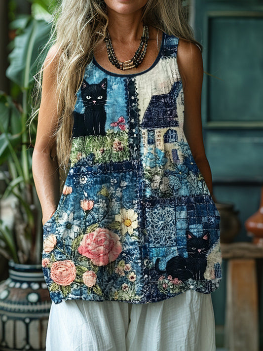 Comstylish Black Cats Embroidered Cottage Floral Textile Linen Tank Top