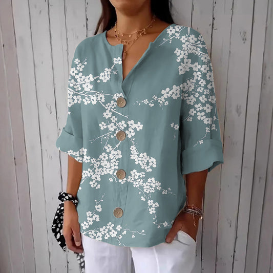 Women's Vintage Floral Art Linen Blend Casual Shirt elevenforest