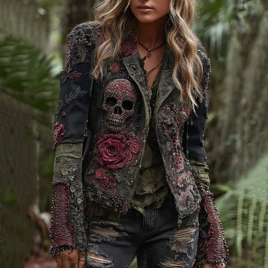 Rose And Skull Gothic Rock Contrast Lapel Denim Jacket elevenforest