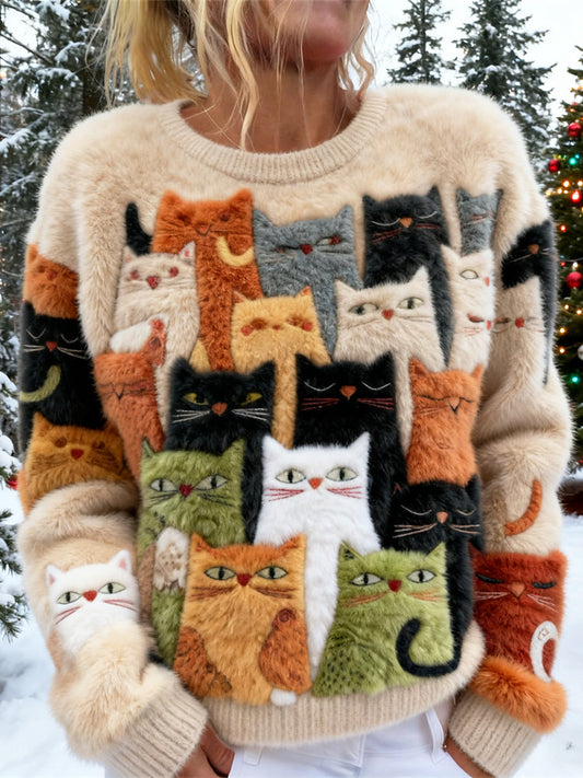 Comstylish Cute Cat Pattern Women's Soft Plush Sweater