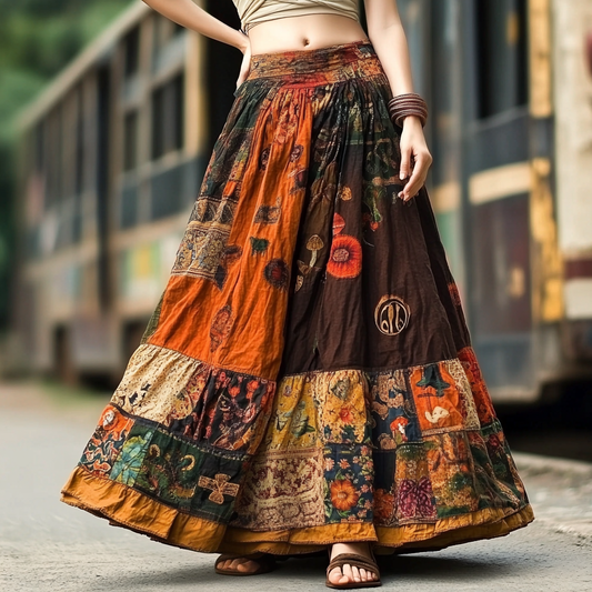 Women's Vintage Bohemian Art Linen Skirt elevenforest