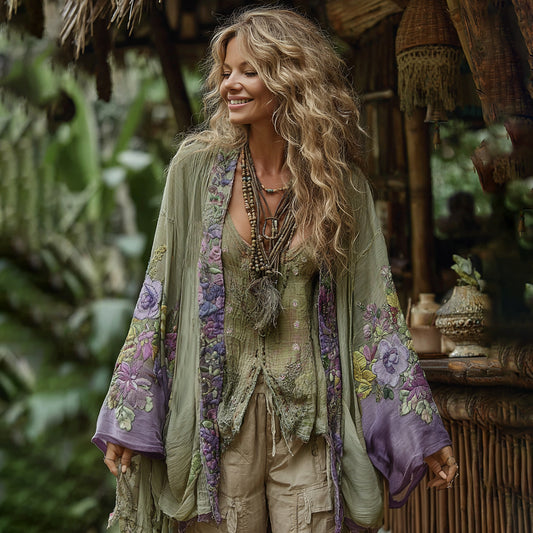 Classic Bohemian Floral Art Embroidery Print Cotton And Linen Blend Kimono Cardigan elevenforest