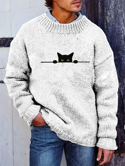 Men's Casual Funny Black Cat Print Sweater artswardrobe