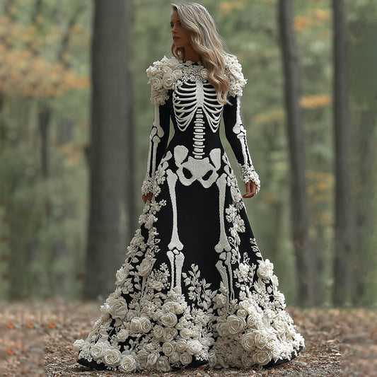 Women's Vintage Halloween Skeleton Bones With Rose Art Cozy Knitted Warm Long Sleeve Maxi Dress elevenforest