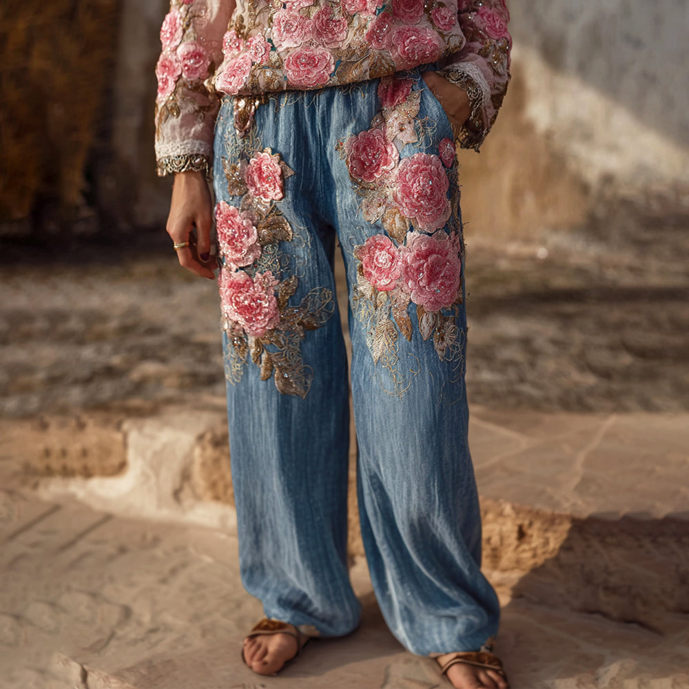 Vintage Boho Floral Embroidered Art Women's Linen Trousers elevenforest